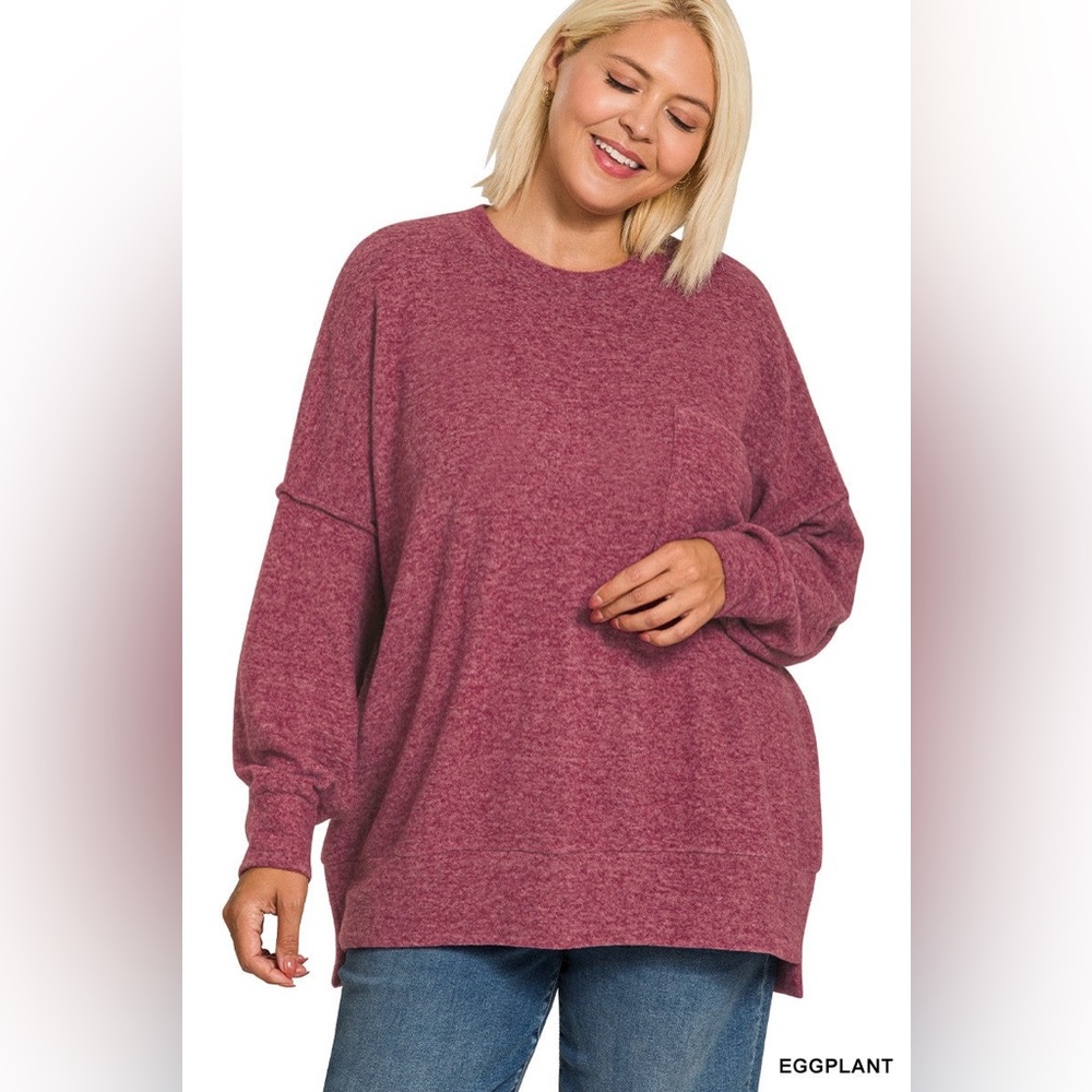 ZENANA PLUS Brushed Meglange Drop Shoulder Sweater Top- Eggplant